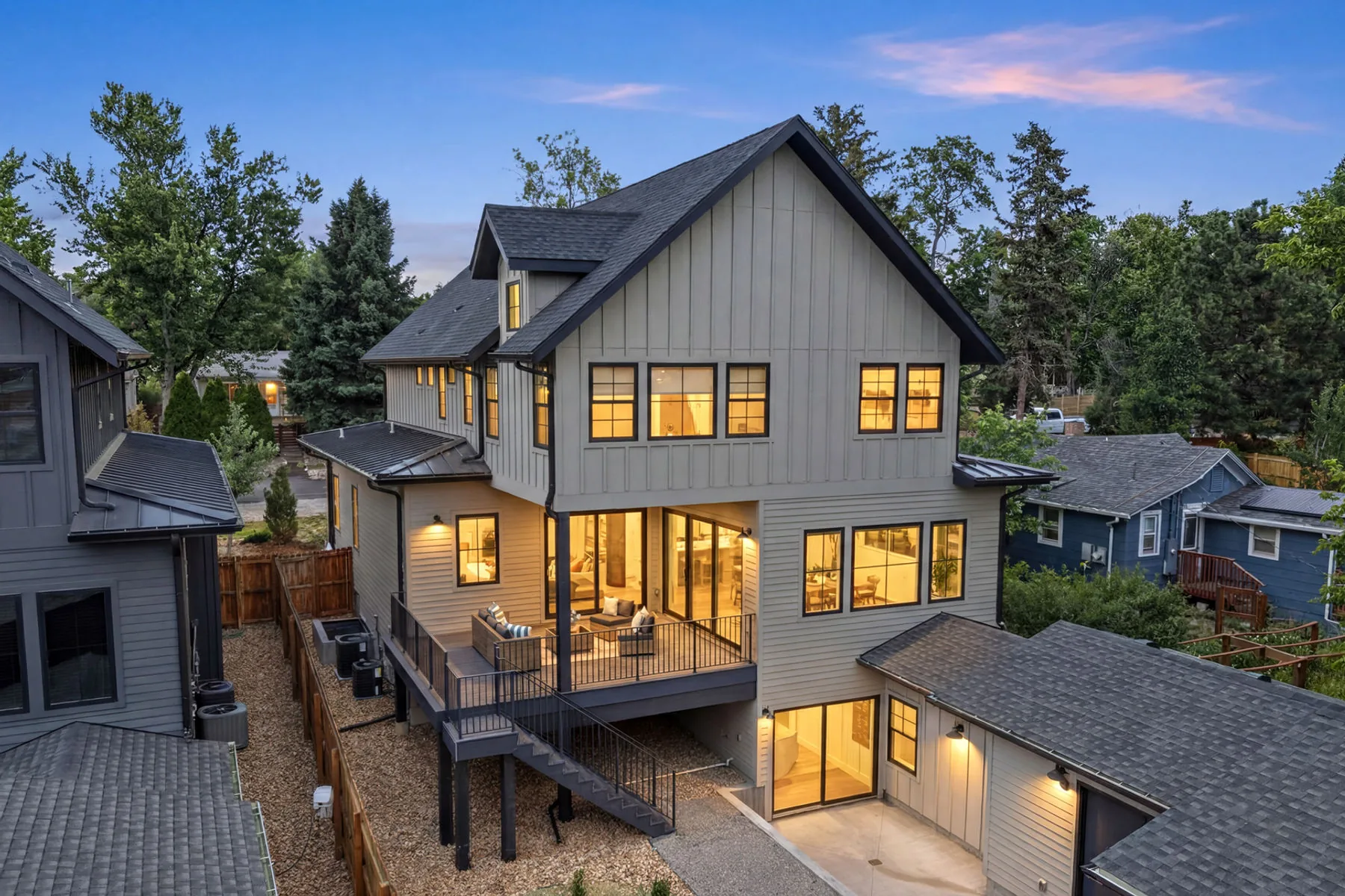 Home with clean windows at dusk